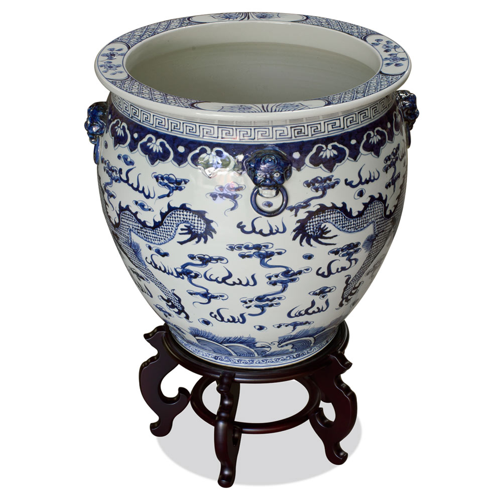 Hand Painted Blue and White Dragon Motif Porcelain Canton Fishbowl