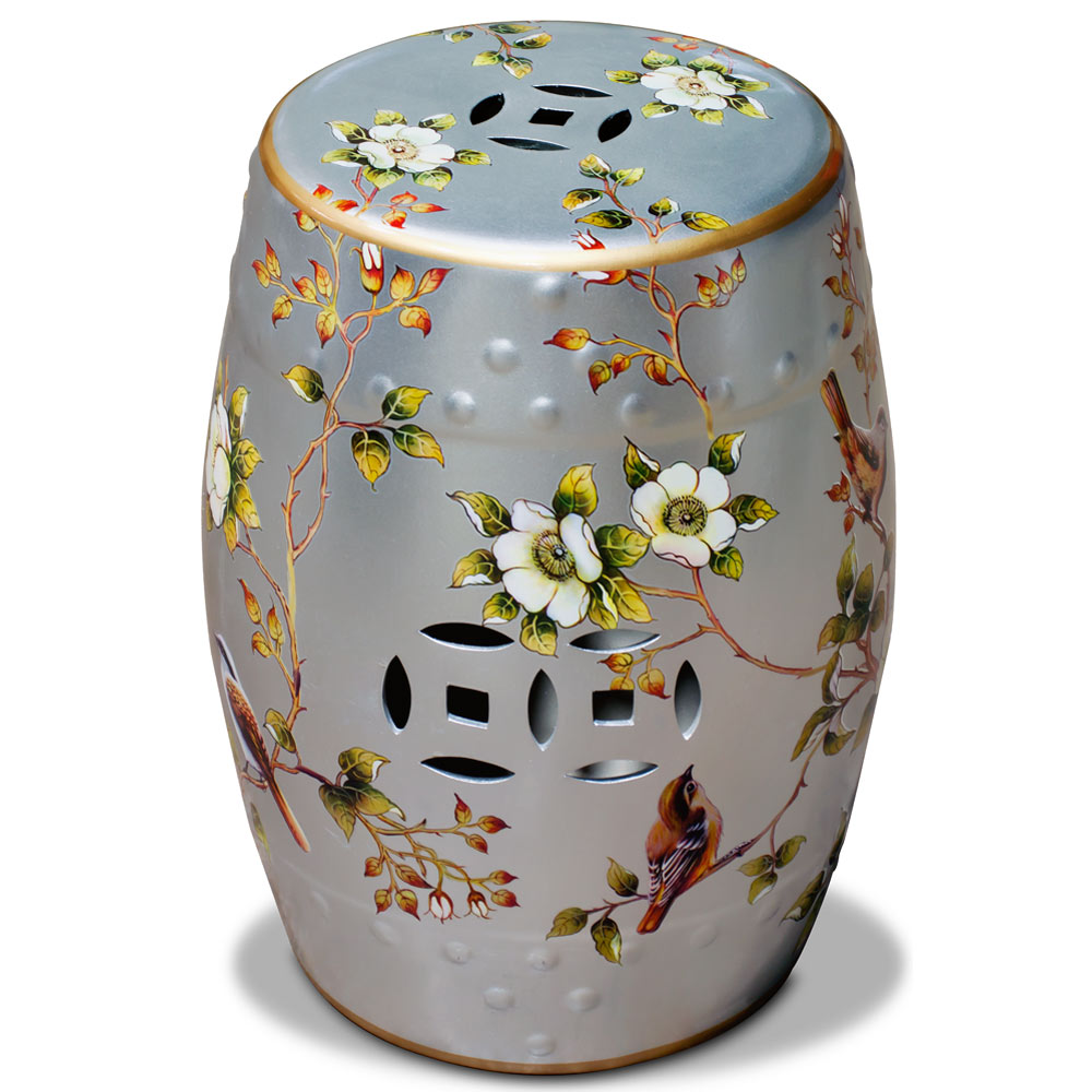 Silver Famille Jaune Peony and Bird Motif Asian Garden Stool