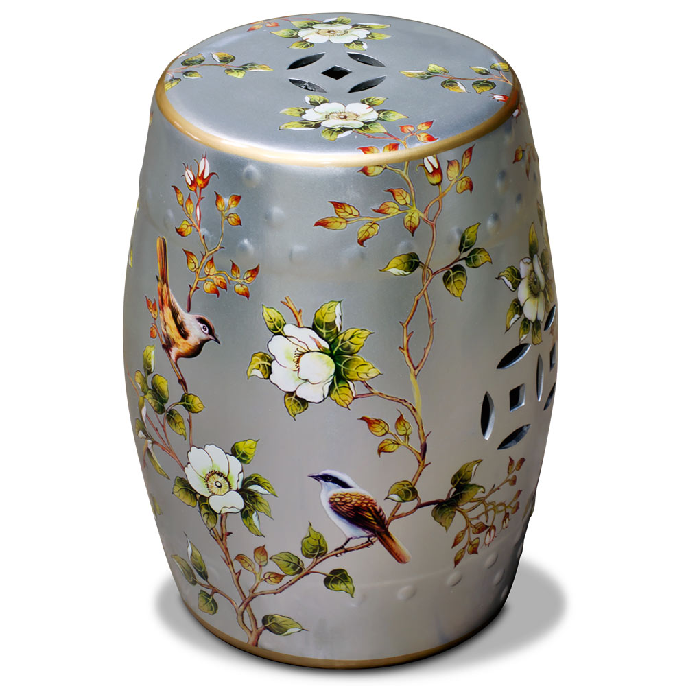 Silver Famille Jaune Peony and Bird Motif Asian Garden Stool