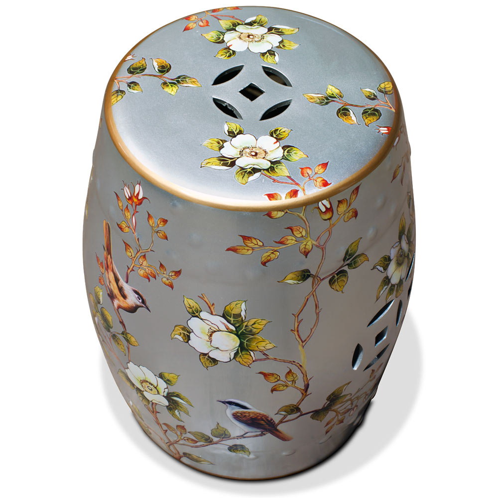 Silver Famille Jaune Peony and Bird Motif Asian Garden Stool