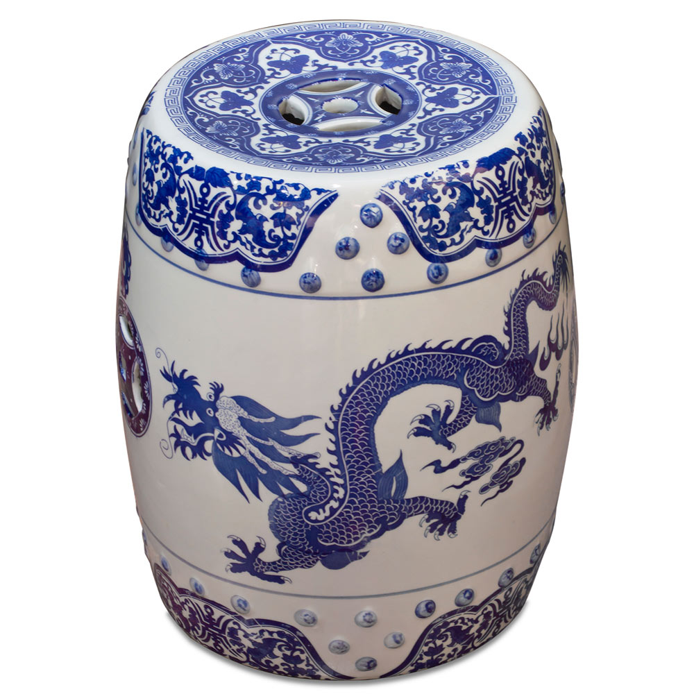 Blue and White Porcelain Imperial Dragon Motif Oriental Garden Stool