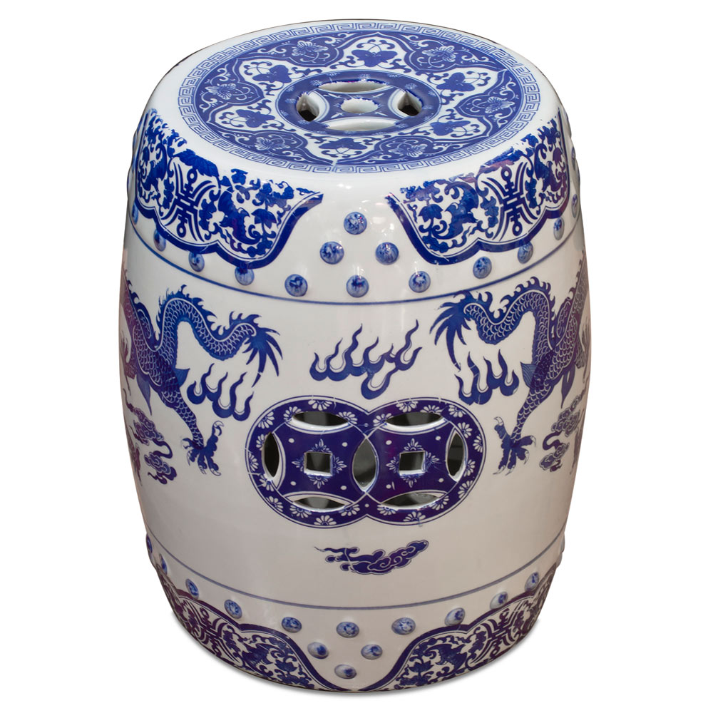 Blue and White Porcelain Imperial Dragon Motif Oriental Garden Stool