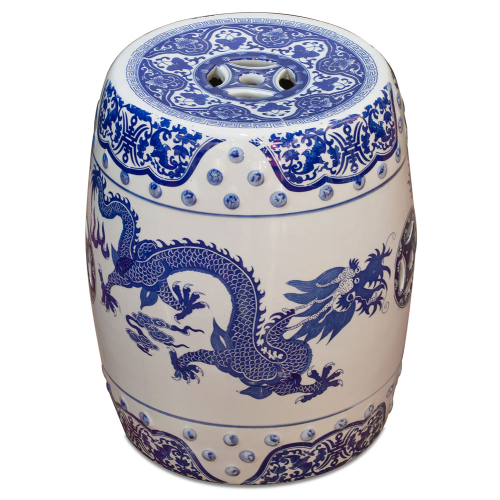 Blue and White Porcelain Imperial Dragon Motif Oriental Garden Stool