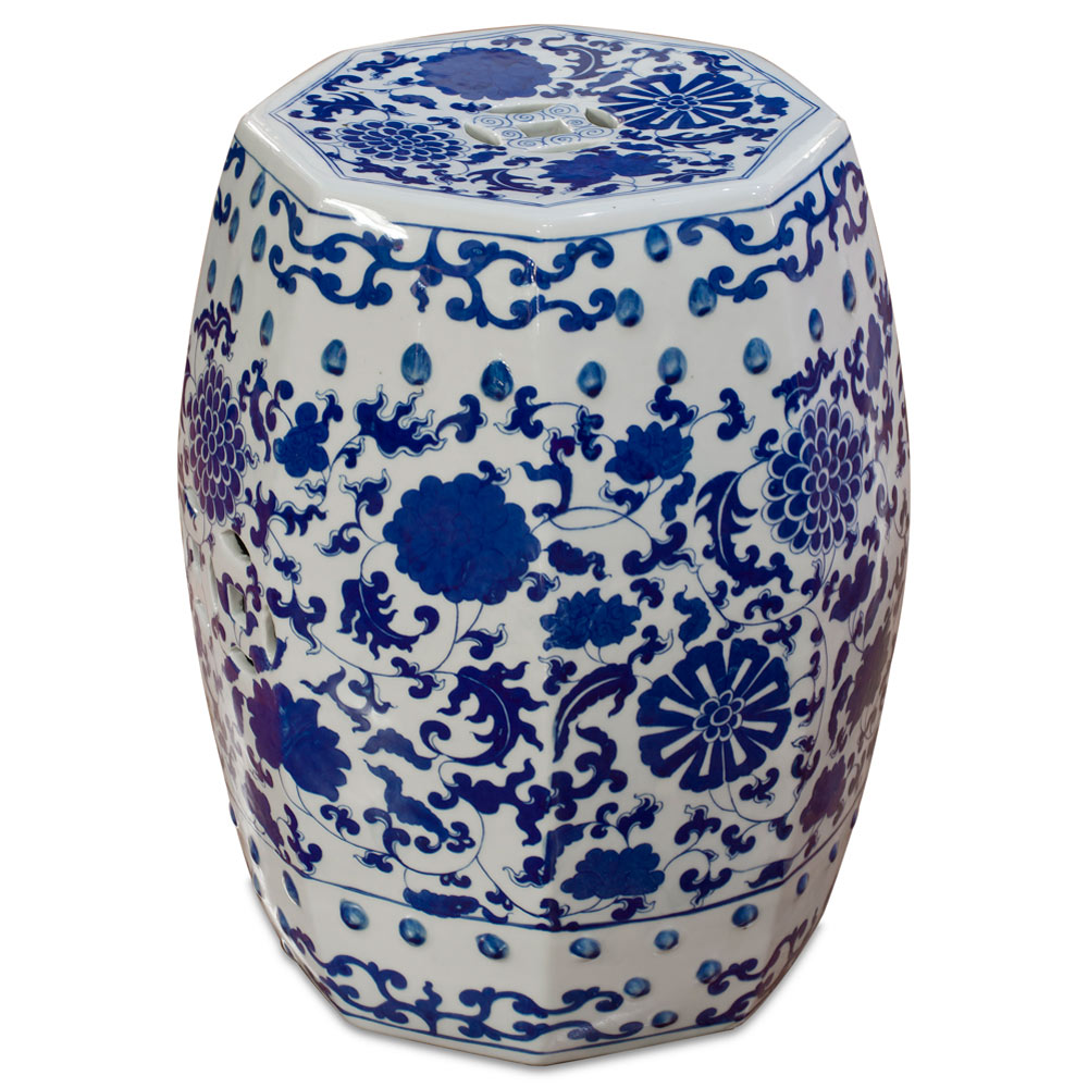 Blue & White Porcelain Octagonal Chinese Palace Garden Stool with Flower and Vine Motif