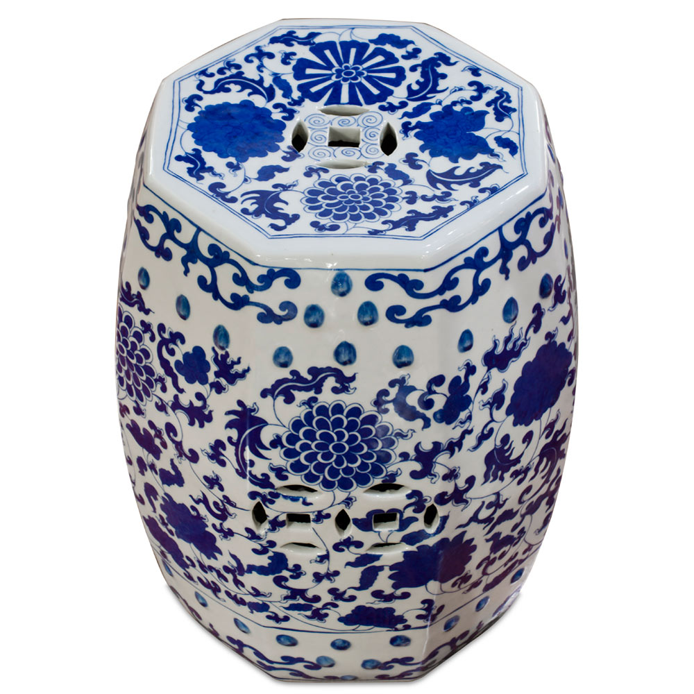 Blue & White Porcelain Octagonal Chinese Palace Garden Stool with Flower and Vine Motif