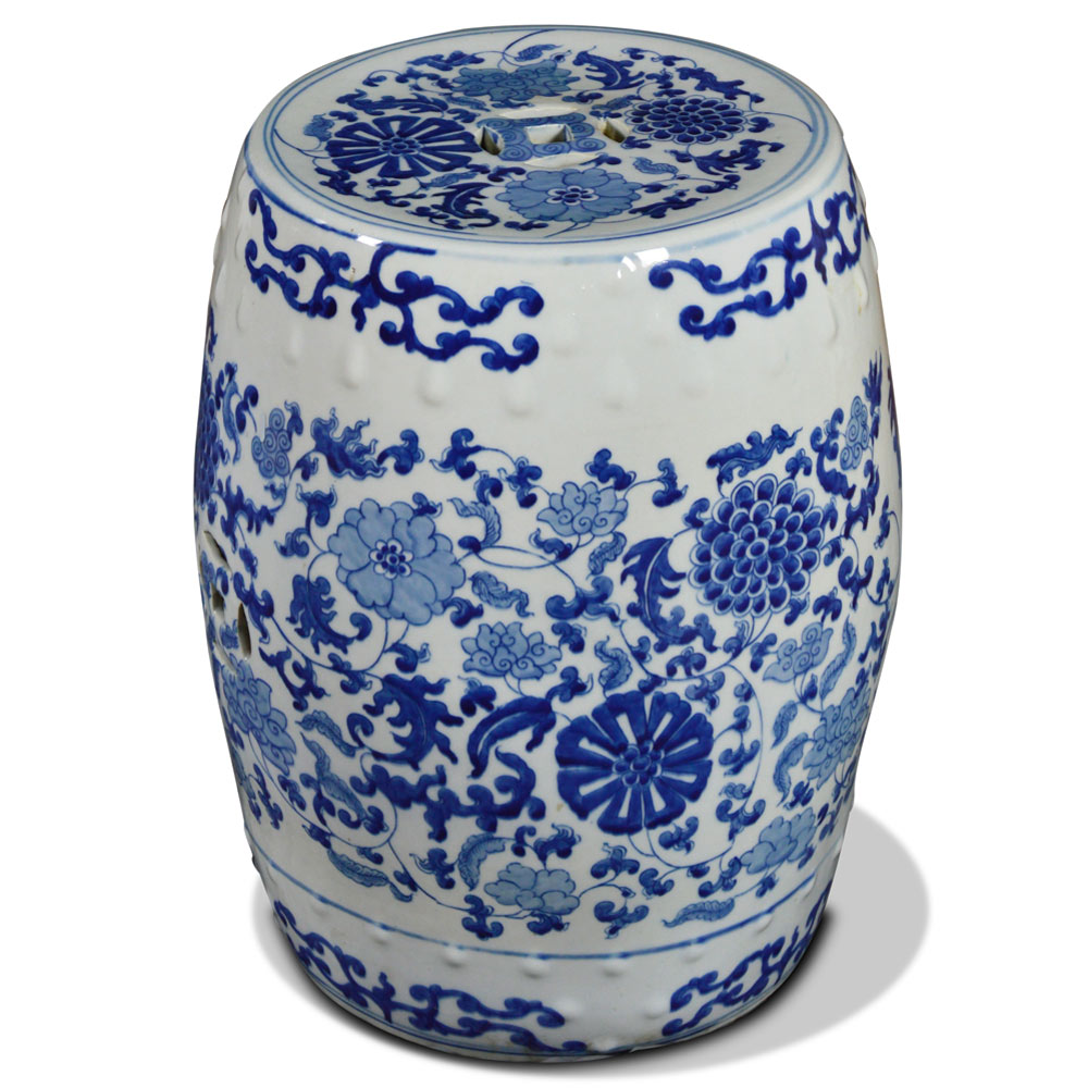 Blue & White Porcelain Chinese Palace Garden Stool with Flower and Vine Motif