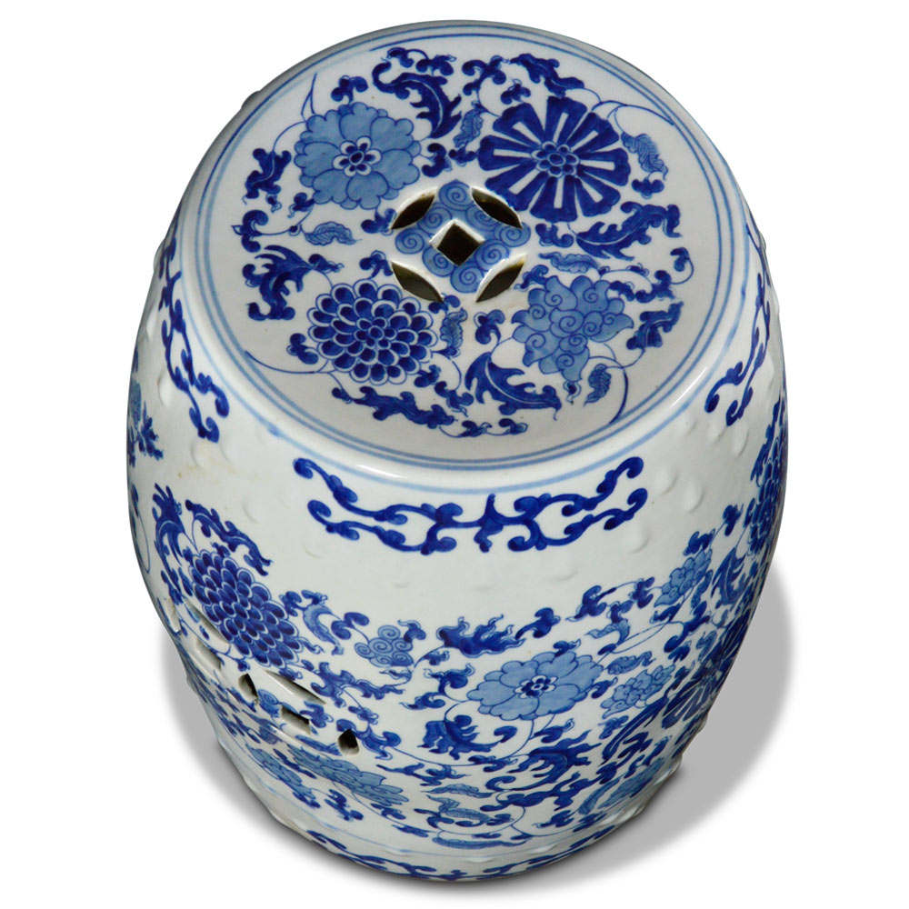 Blue & White Porcelain Chinese Palace Garden Stool with Flower and Vine Motif