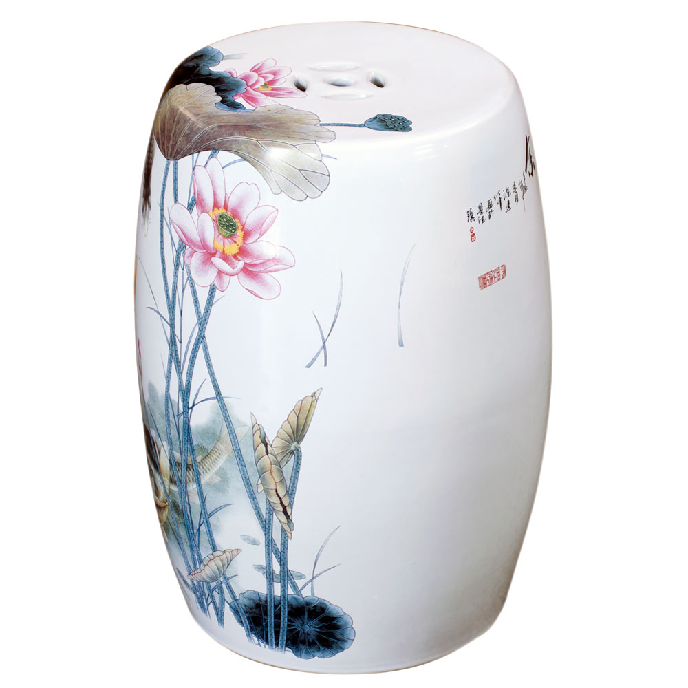 White Porcelain Koi Fish Lotus Pond Motif Asian Garden Stool