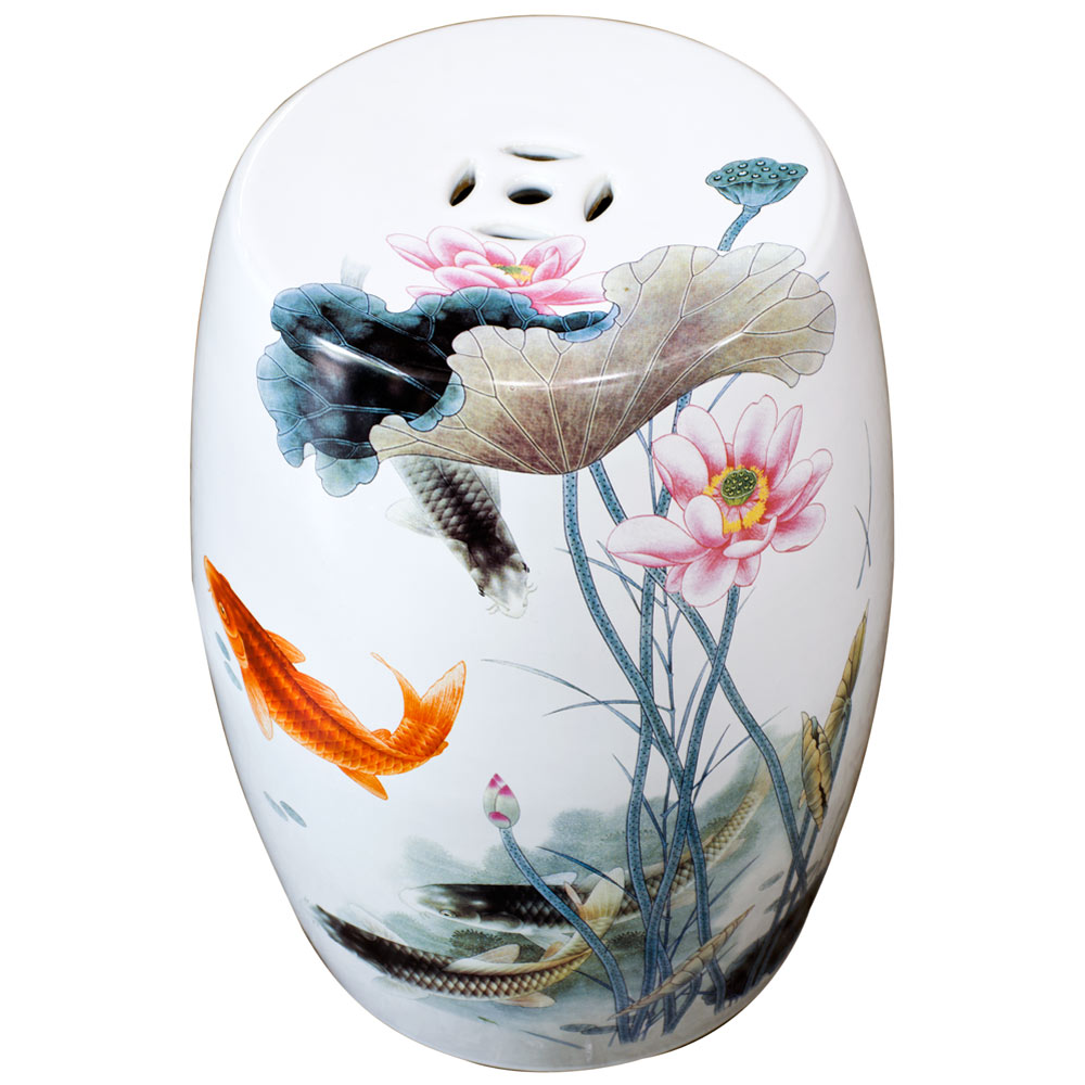 White Porcelain Koi Fish Lotus Pond Motif Asian Garden Stool