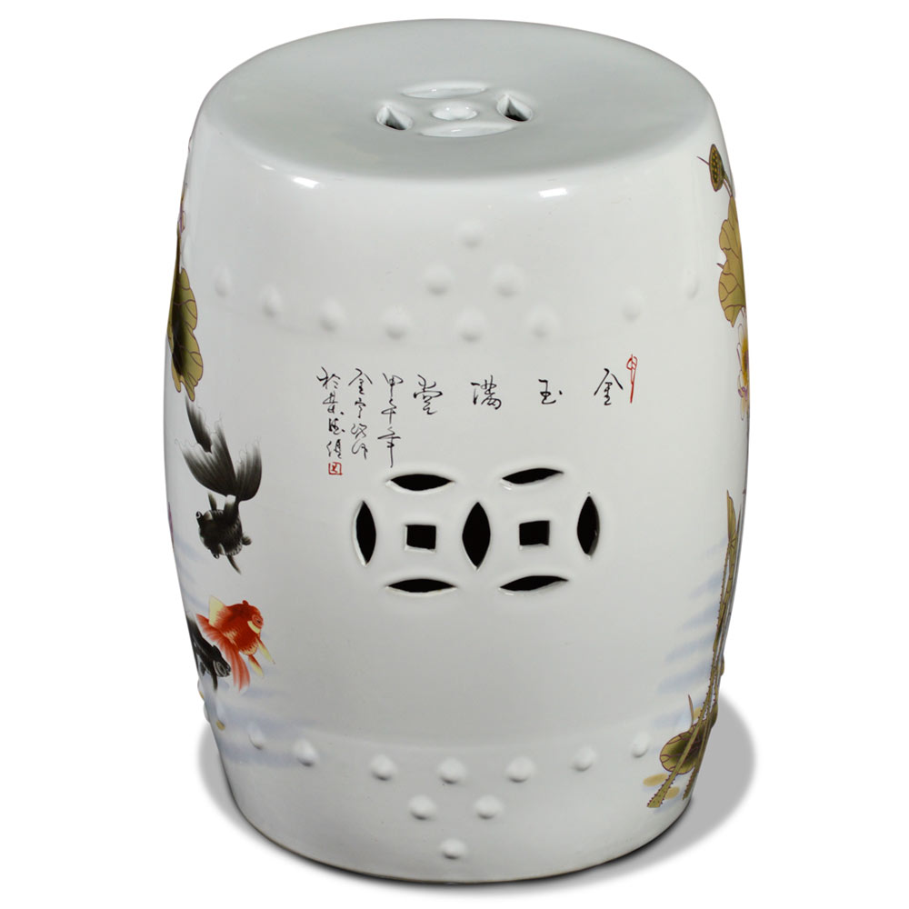 White Porcelain Koi Fish Lotus Pond Motif Asian Garden Stool