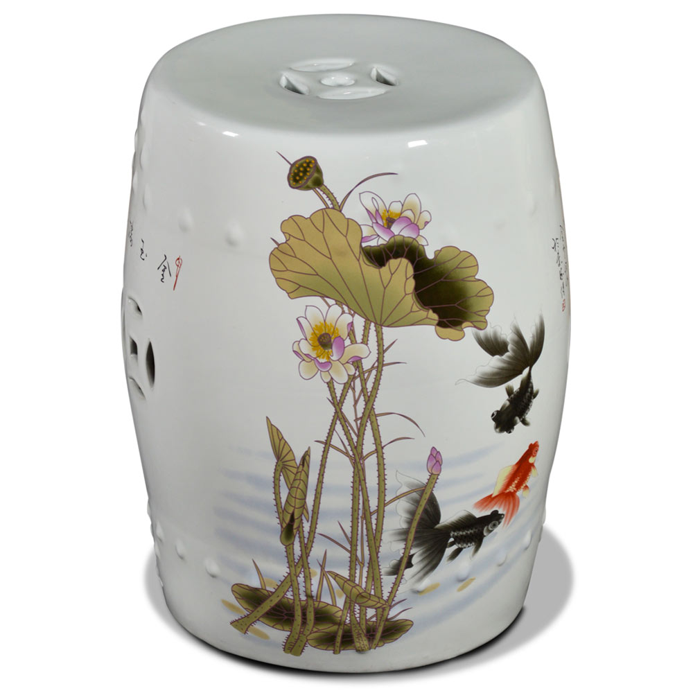 White Porcelain Koi Fish Lotus Pond Motif Asian Garden Stool