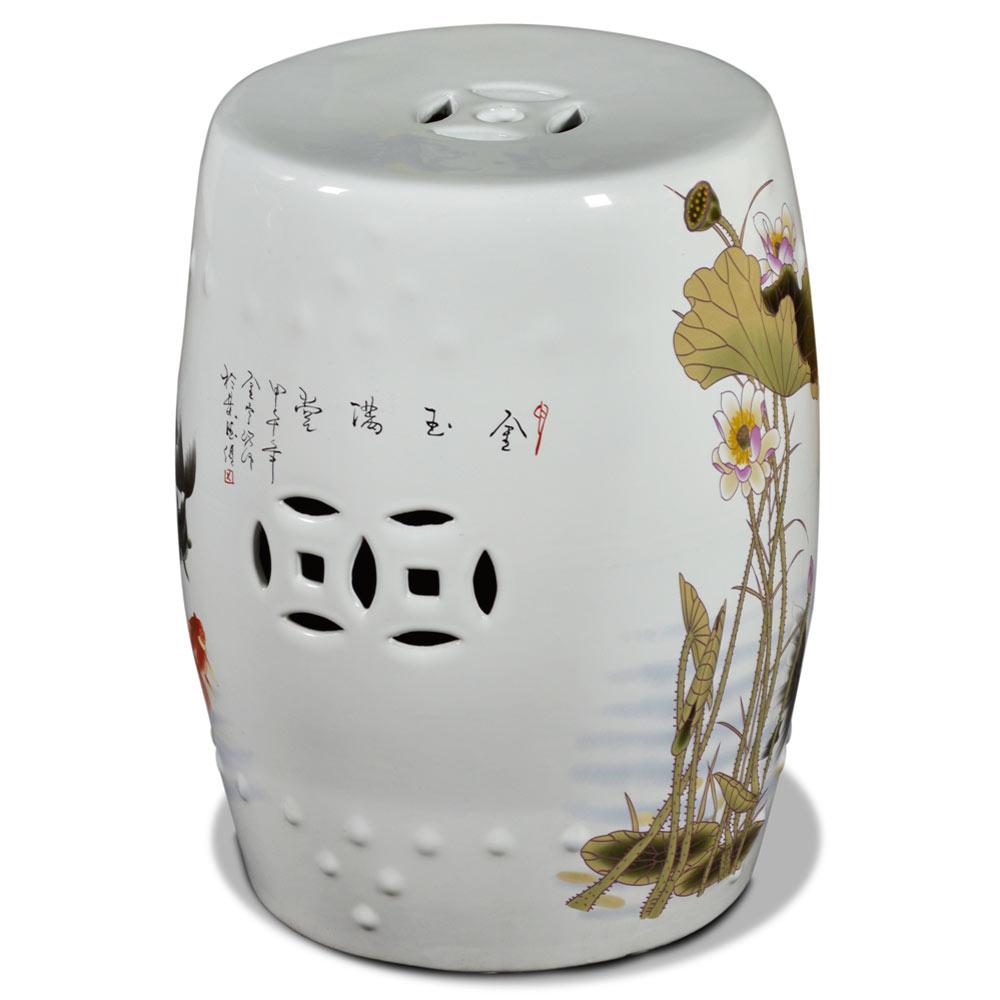 White Porcelain Koi Fish Lotus Pond Motif Asian Garden Stool