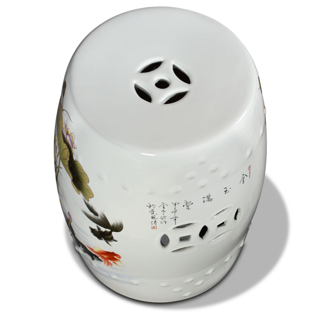 White Porcelain Koi Fish Lotus Pond Motif Asian Garden Stool