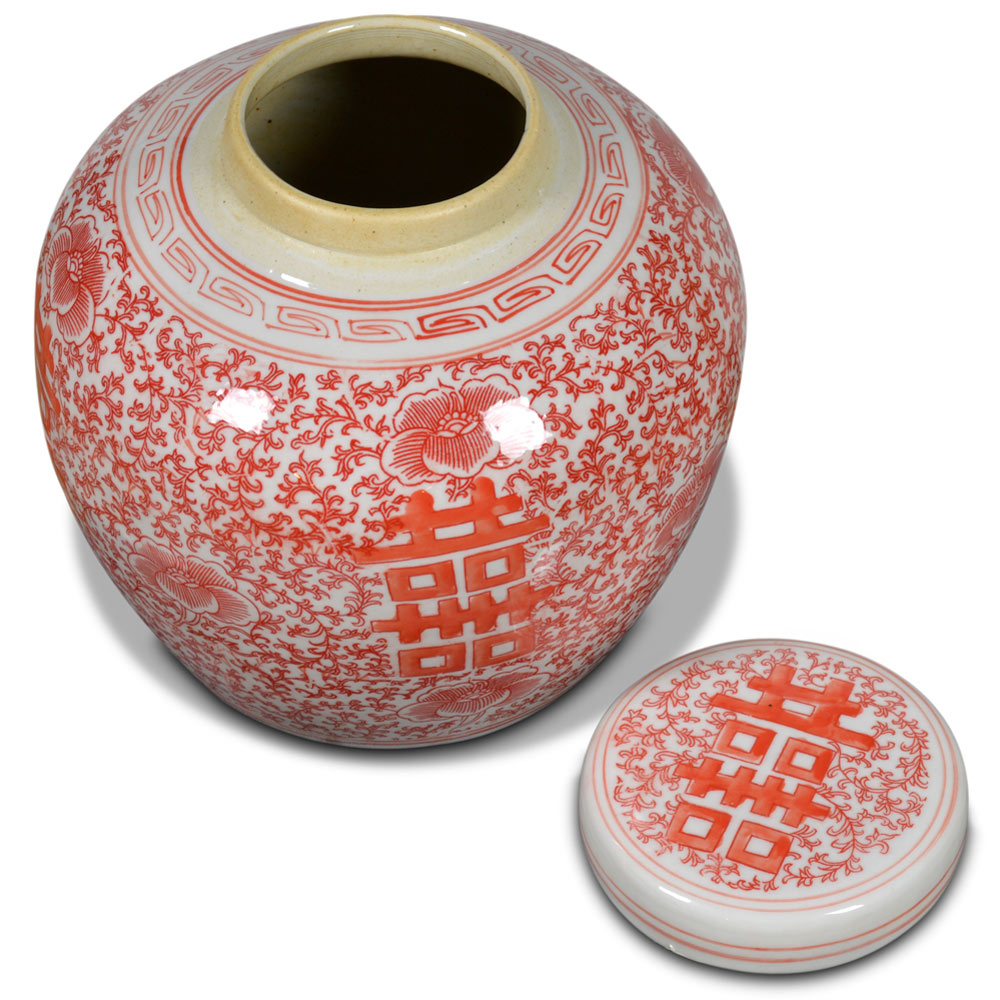 Red and White Porcelain Chinese Double Happiness Jar