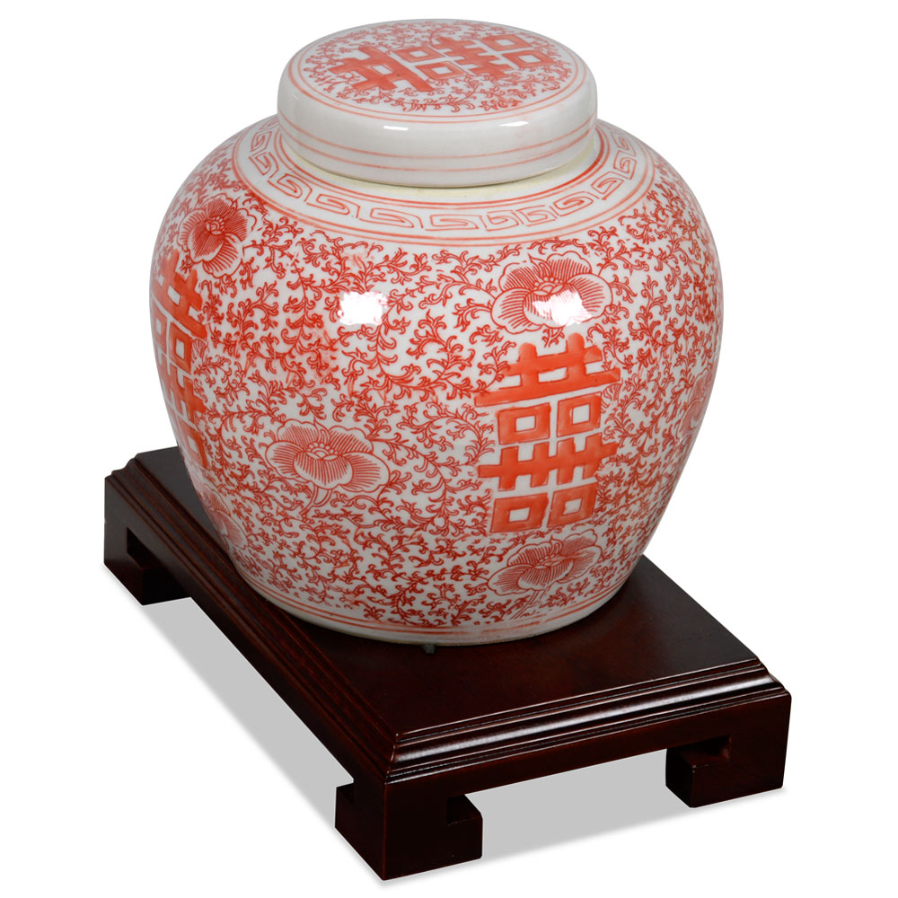 Red and White Porcelain Chinese Double Happiness Jar