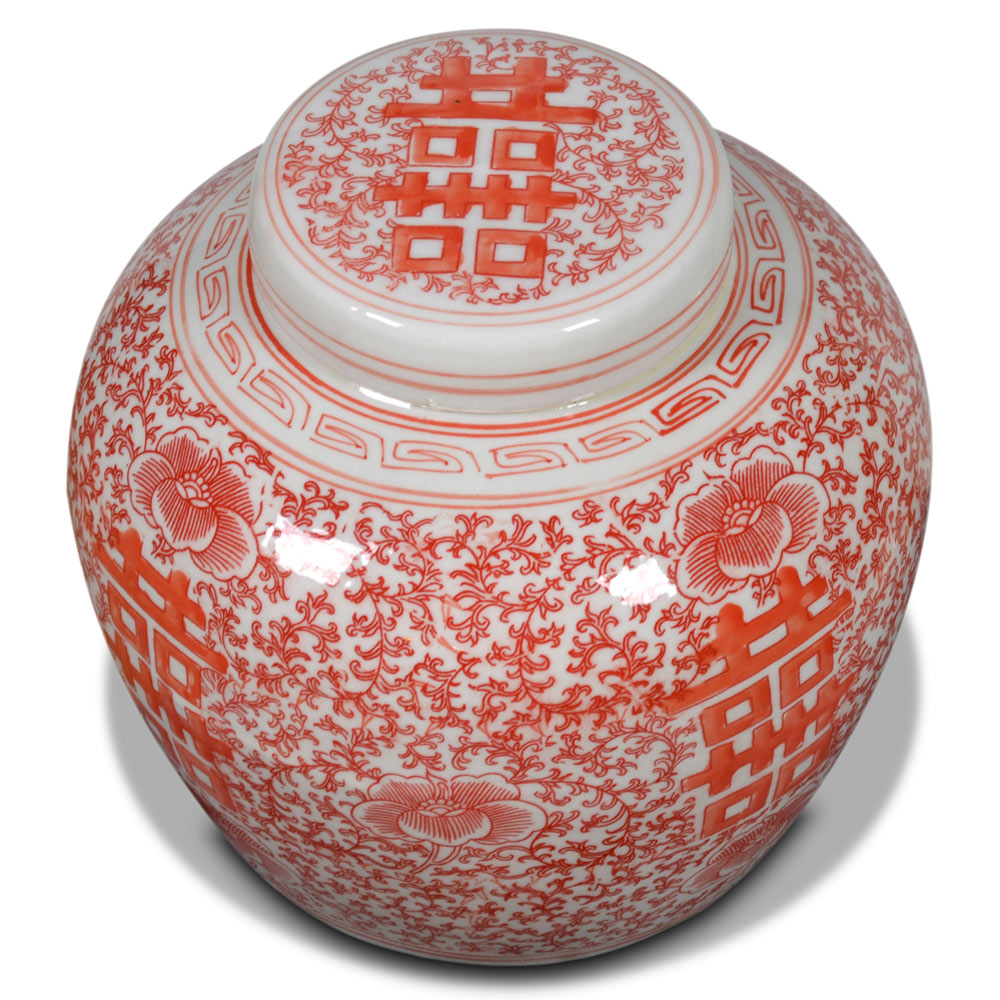 Red and White Porcelain Chinese Double Happiness Jar