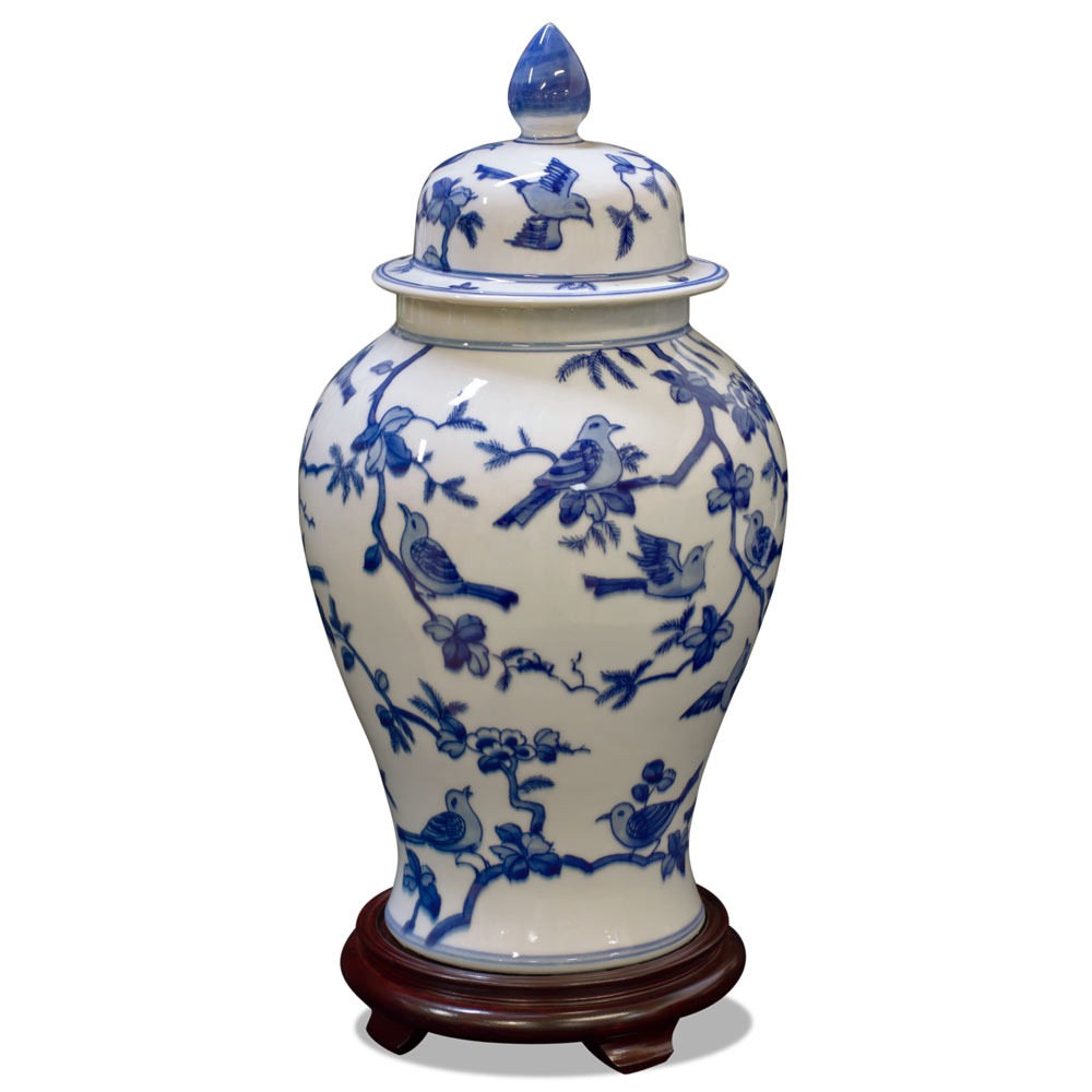 Blue and White Flower and Bird Chinese Porcelain Ginger Jar