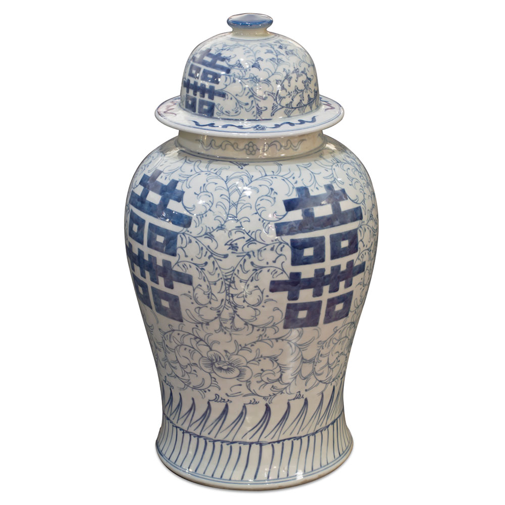 Blue and White Porcelain Double Happiness Chinese Ginger Jar