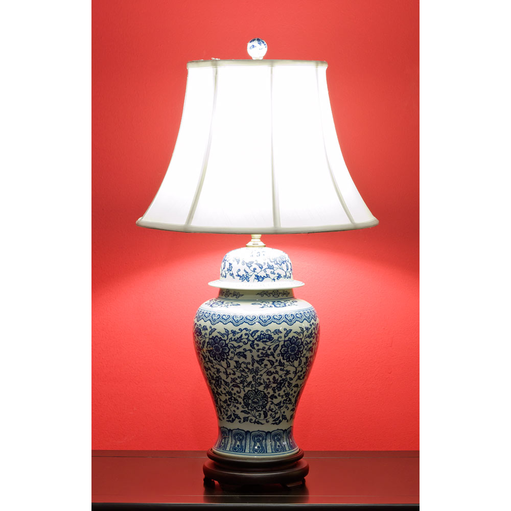 Blue and White Peony Motif Asian Porcelain Lamp