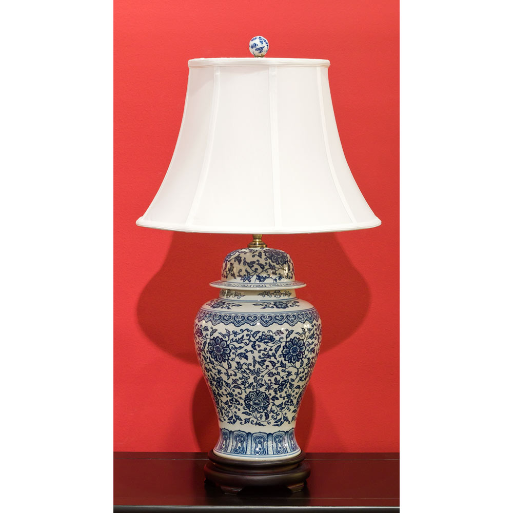 Blue and White Peony Motif Asian Porcelain Lamp