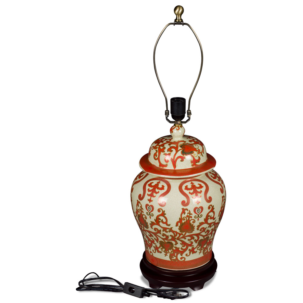 Red and Gold Floral Vine Motif Asian Temple Jar Porcelain Lamp