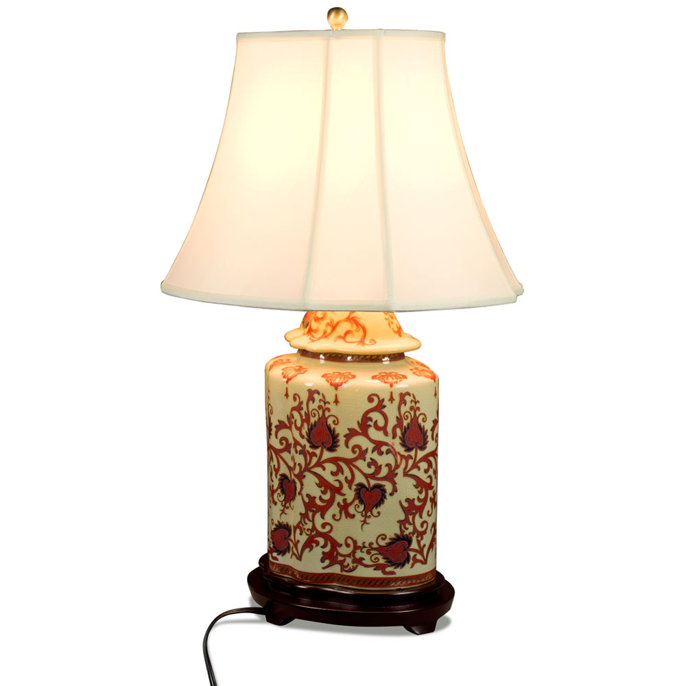 Red and Gold Floral Vine Motif Asian Porcelain Lamp