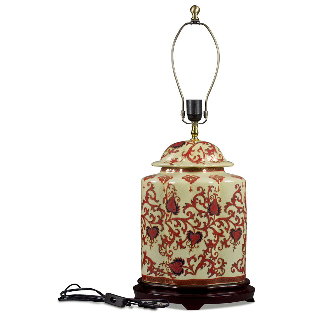 Red and Gold Floral Vine Motif Asian Porcelain Lamp