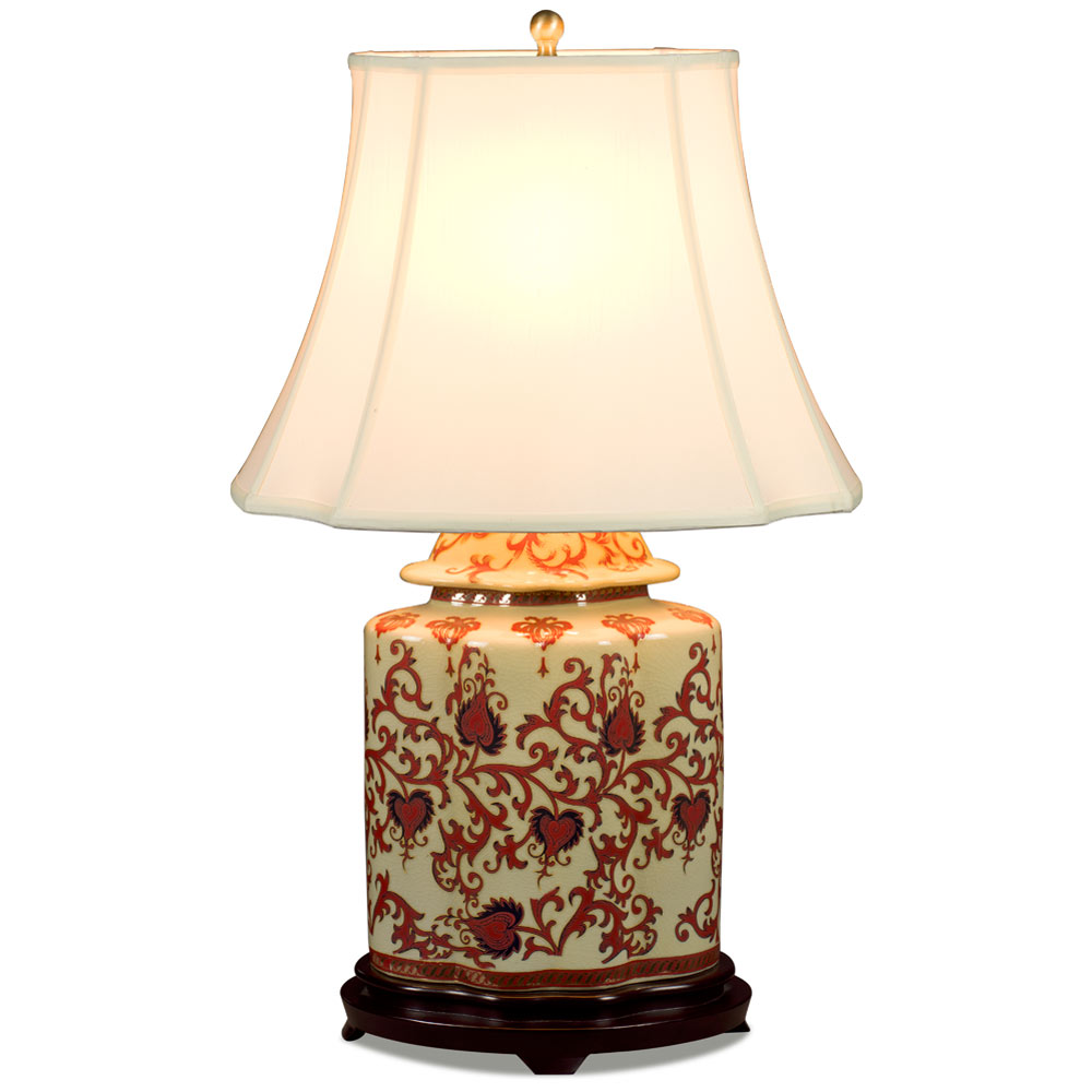 Red and Gold Floral Vine Motif Asian Porcelain Lamp