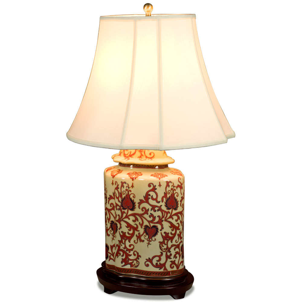 Red and Gold Floral Vine Motif Asian Porcelain Lamp