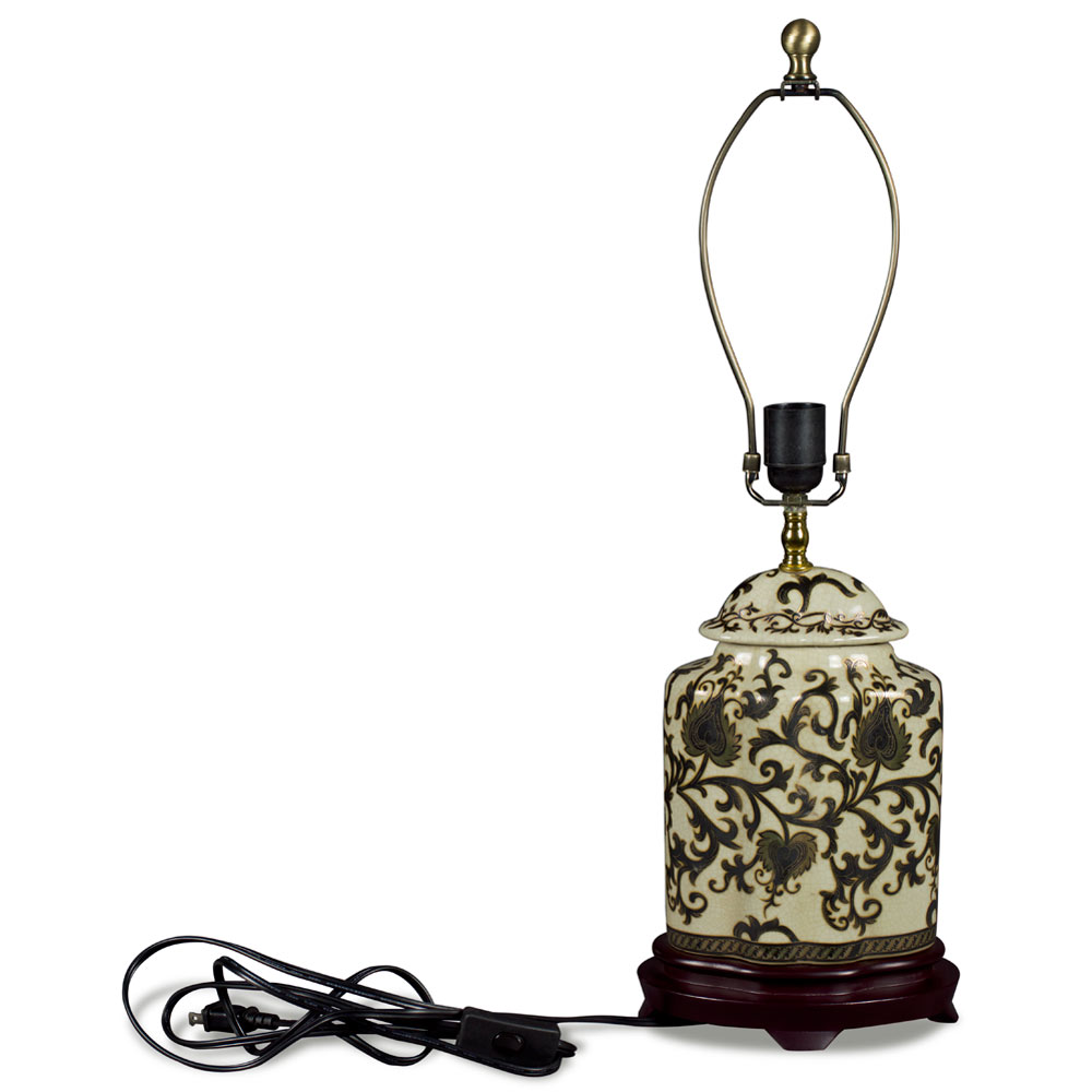 Black and Gold Floral Vine Motif Asian Porcelain Lamp