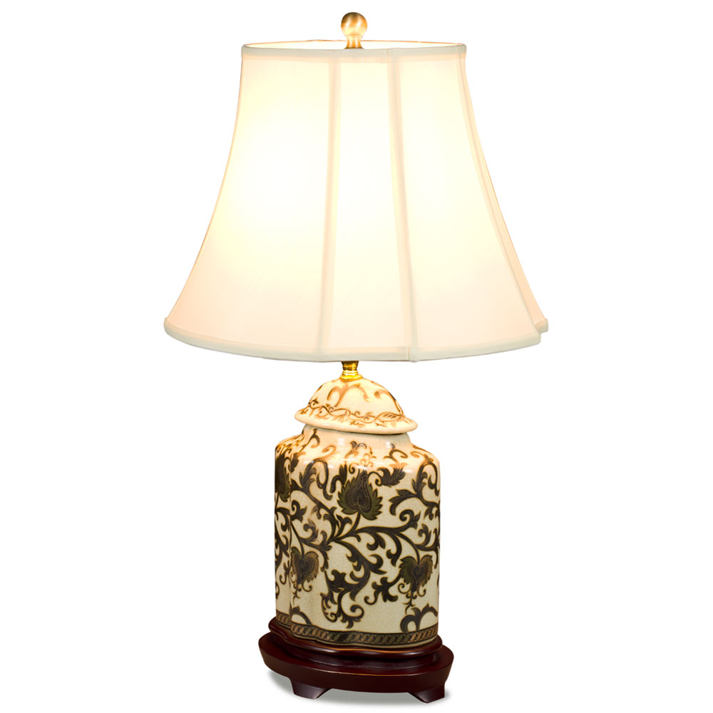 Black and Gold Floral Vine Motif Asian Porcelain Lamp