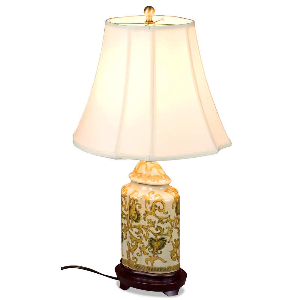 Gold Floral Vine Motif Asian Porcelain Lamp