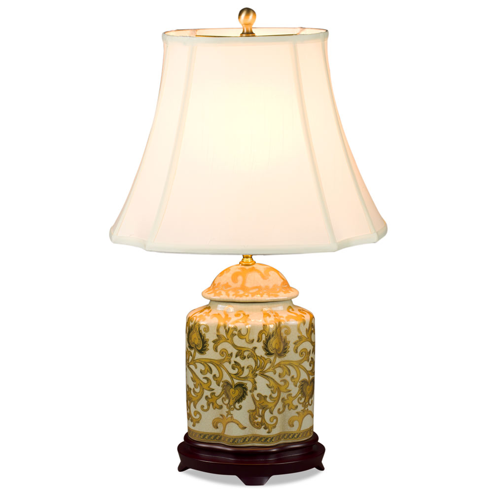 Gold Floral Vine Motif Asian Porcelain Lamp