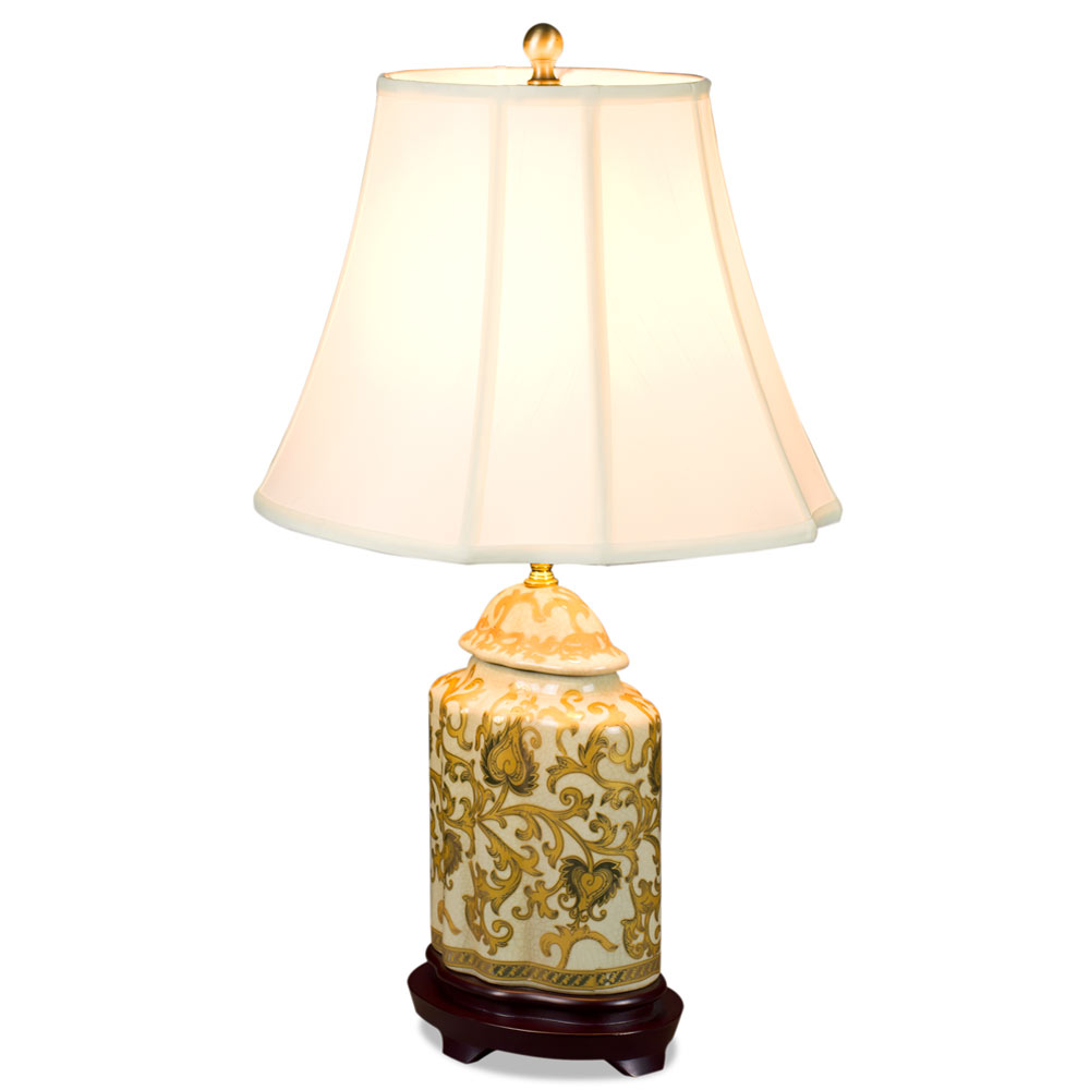 Gold Floral Vine Motif Asian Porcelain Lamp