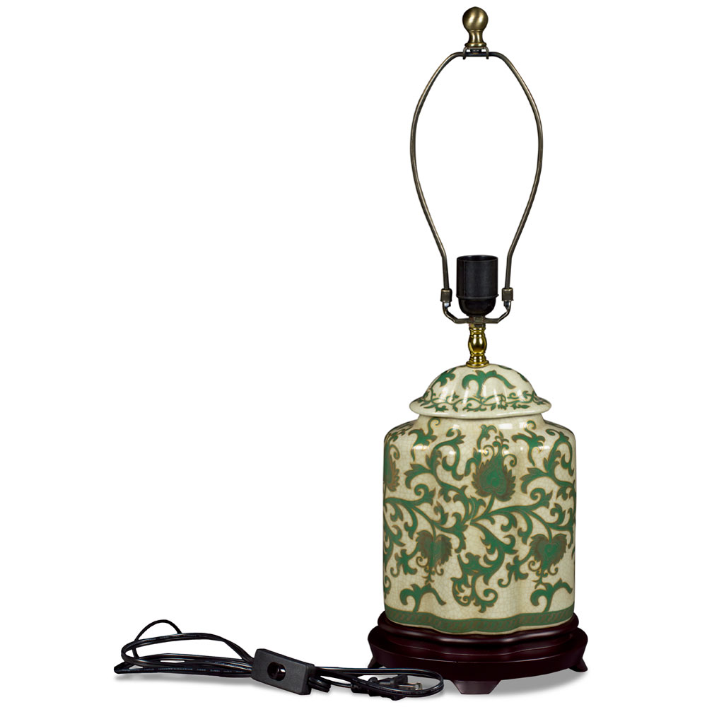 Green and Gold Floral Vine Motif Asian Porcelain Lamp