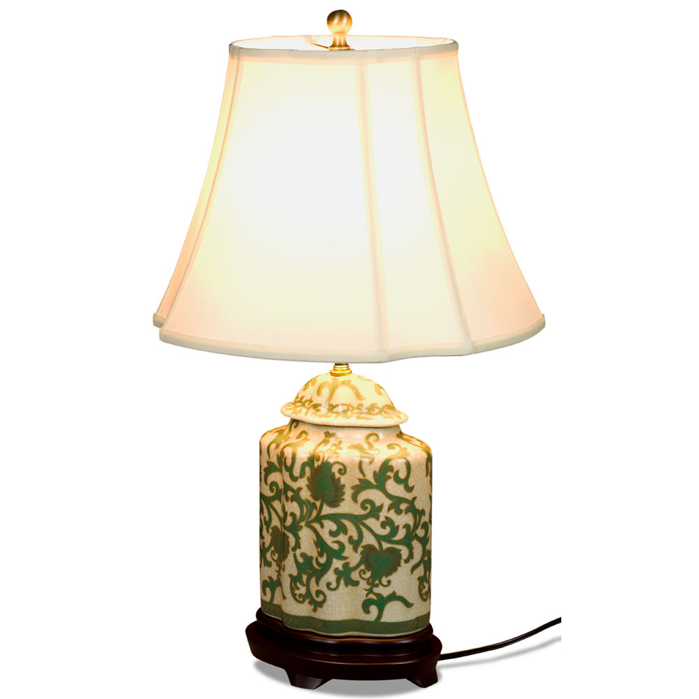 Green and Gold Floral Vine Motif Asian Porcelain Lamp