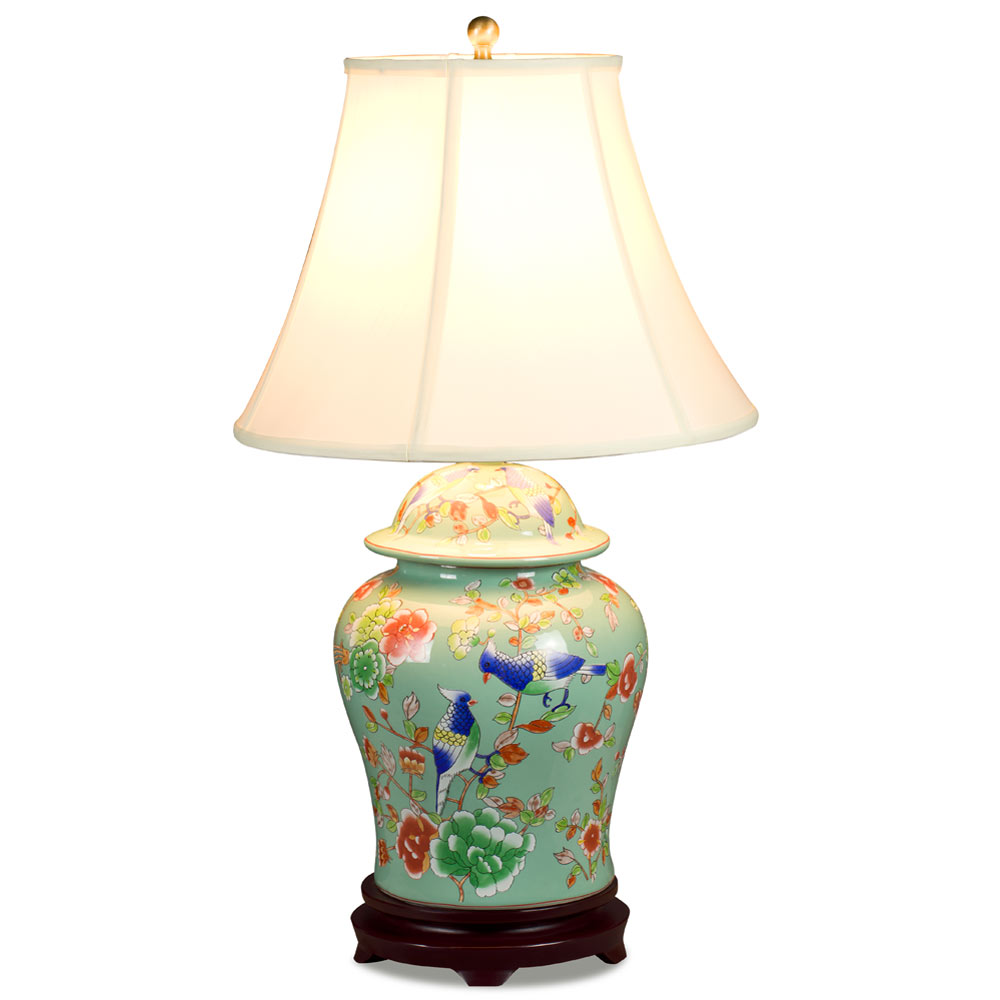 Light Teal Green Flower and Bird Motif Asian Porcelain Lamp