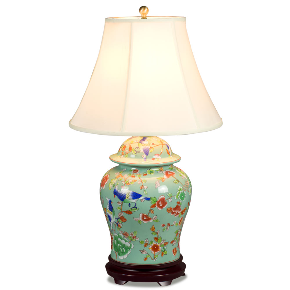 Light Teal Green Flower and Bird Motif Asian Porcelain Lamp