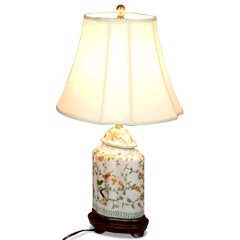 White Bird and Flower Motif Asian Porcelain Lamp