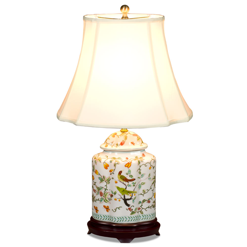 White Bird and Flower Motif Asian Porcelain Lamp