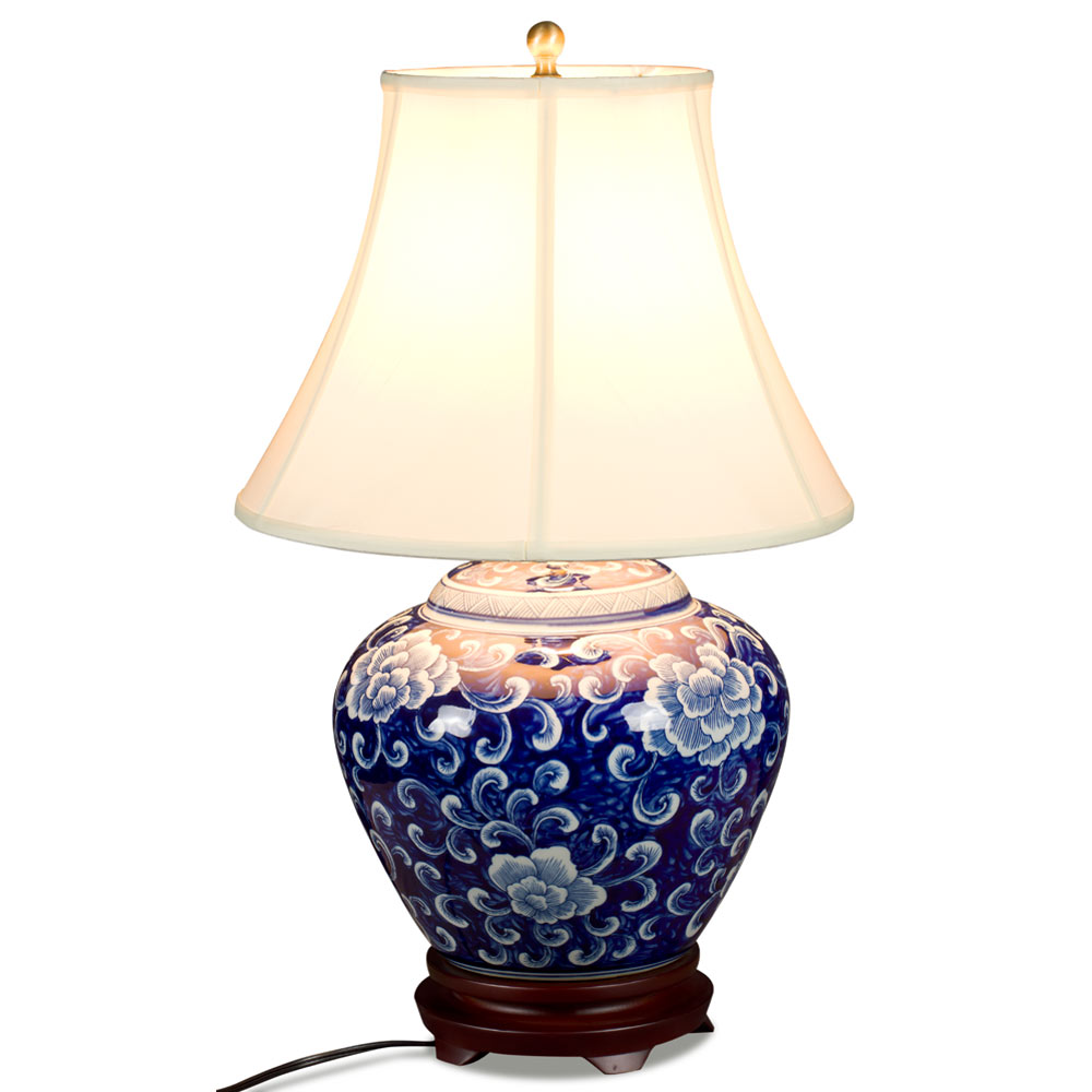 Blue and White Peony Motif Asian Porcelain Lamp