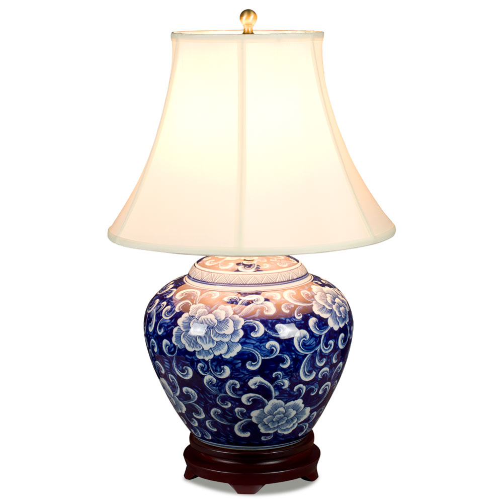 Blue and White Peony Motif Asian Porcelain Lamp