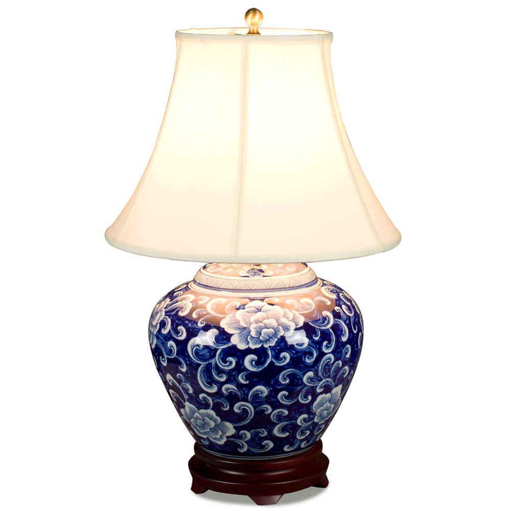 Blue and White Peony Motif Asian Porcelain Lamp