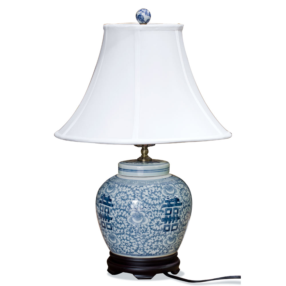 Blue and White Double Happiness Asian Porcelain Lamp