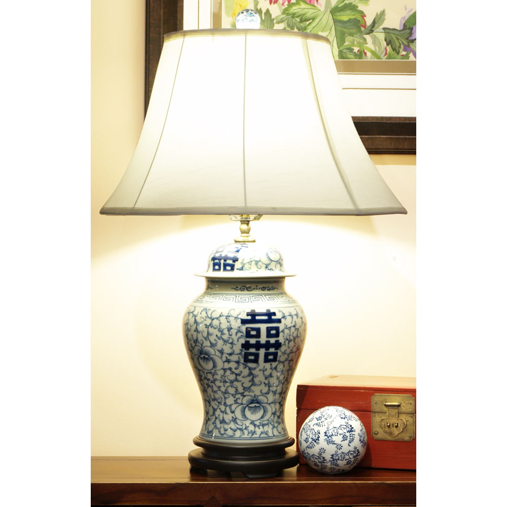 Blue and White Chinese Double Happiness Porcelain Lamp