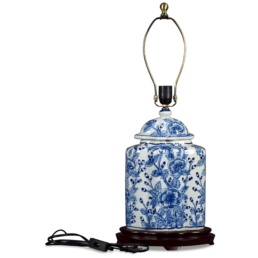 Blue and White Flower Motif Asian Porcelain Lamp