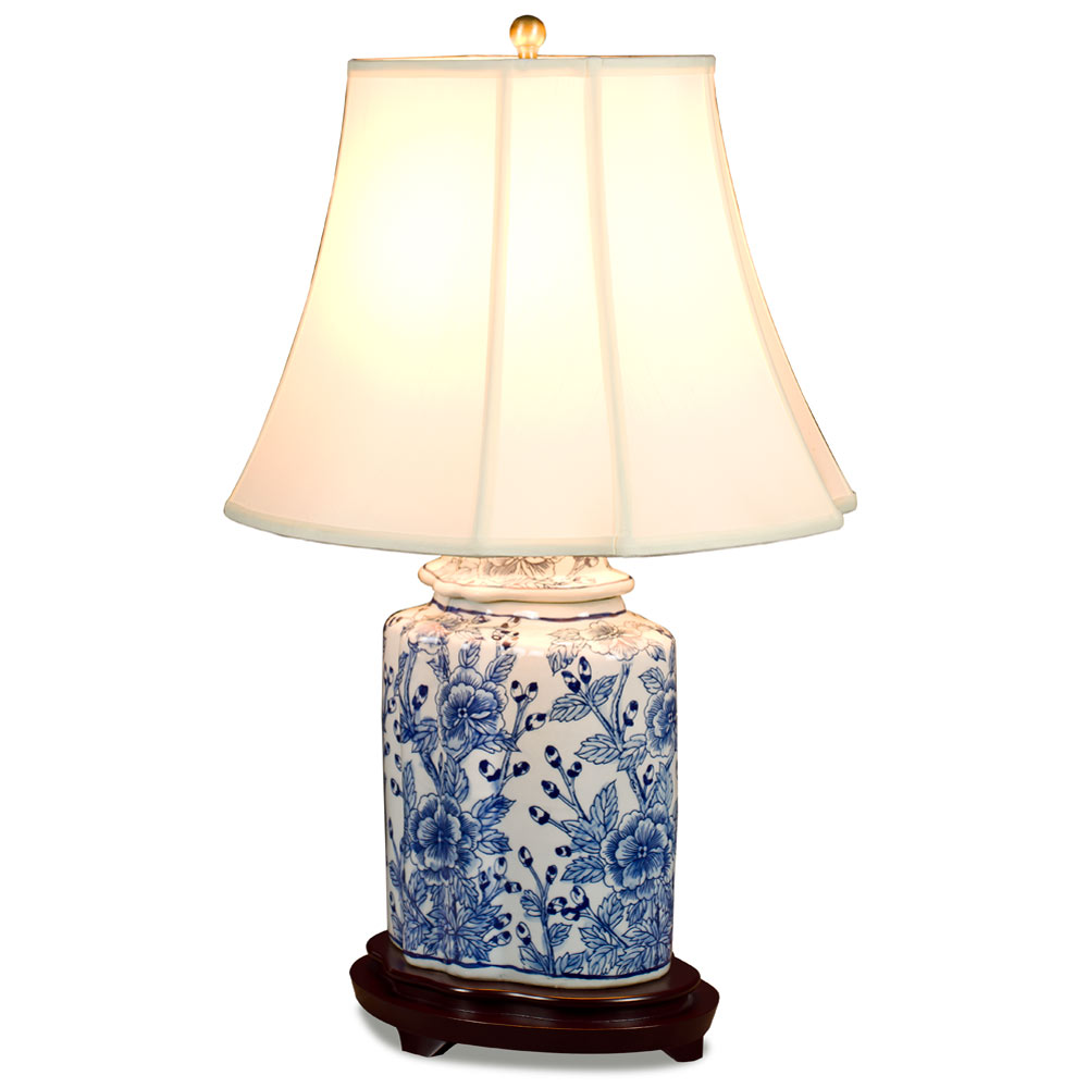 Blue and White Flower Motif Asian Porcelain Lamp