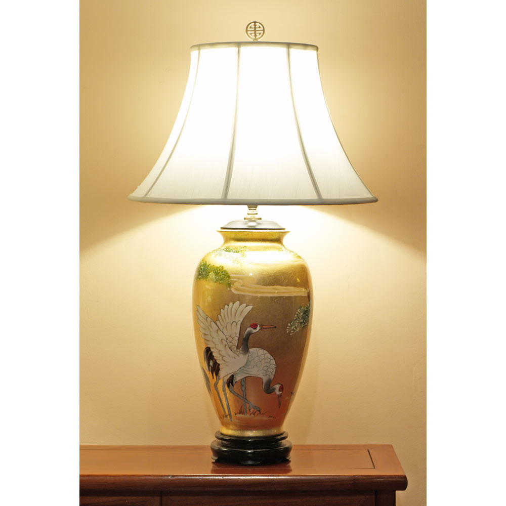 Gold Leaf Longevity Cranes Motif Chinese Ceramic Lamp