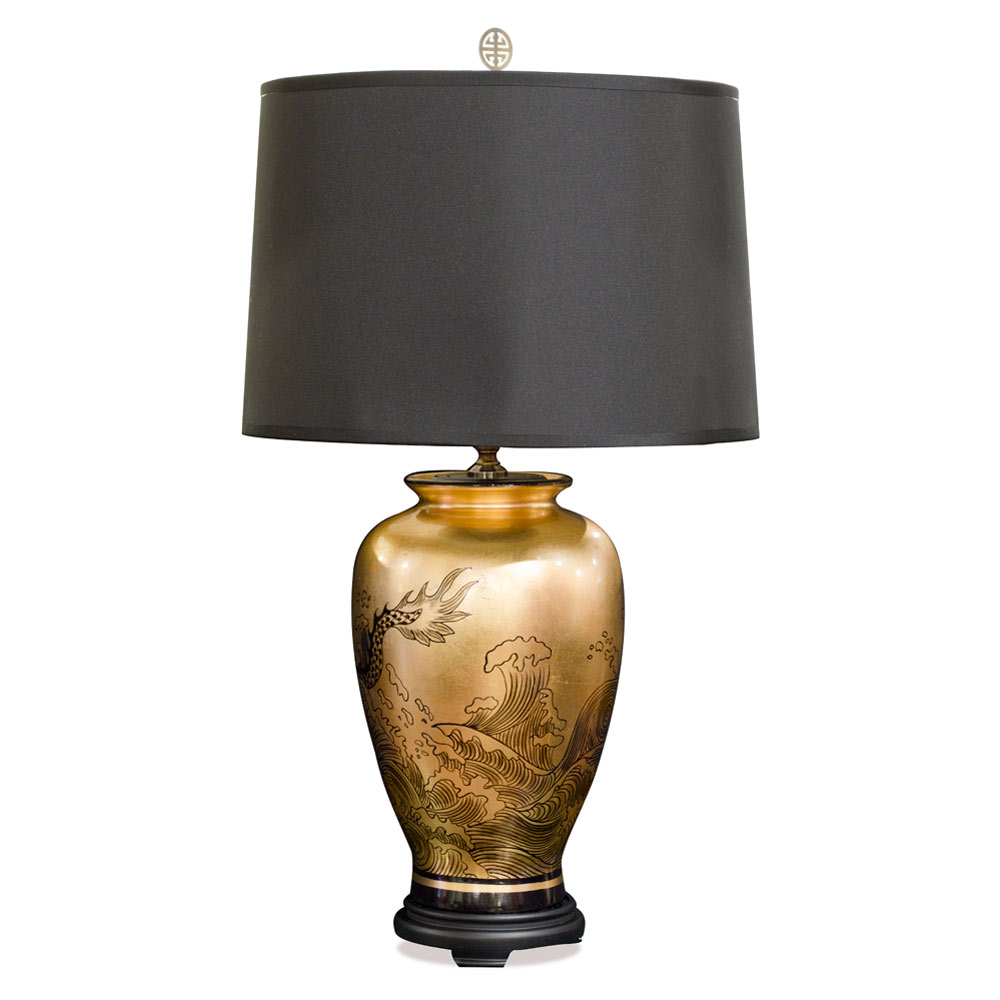 Gold Leaf Imperial Dragon Motif Chinese Ceramic Lamp