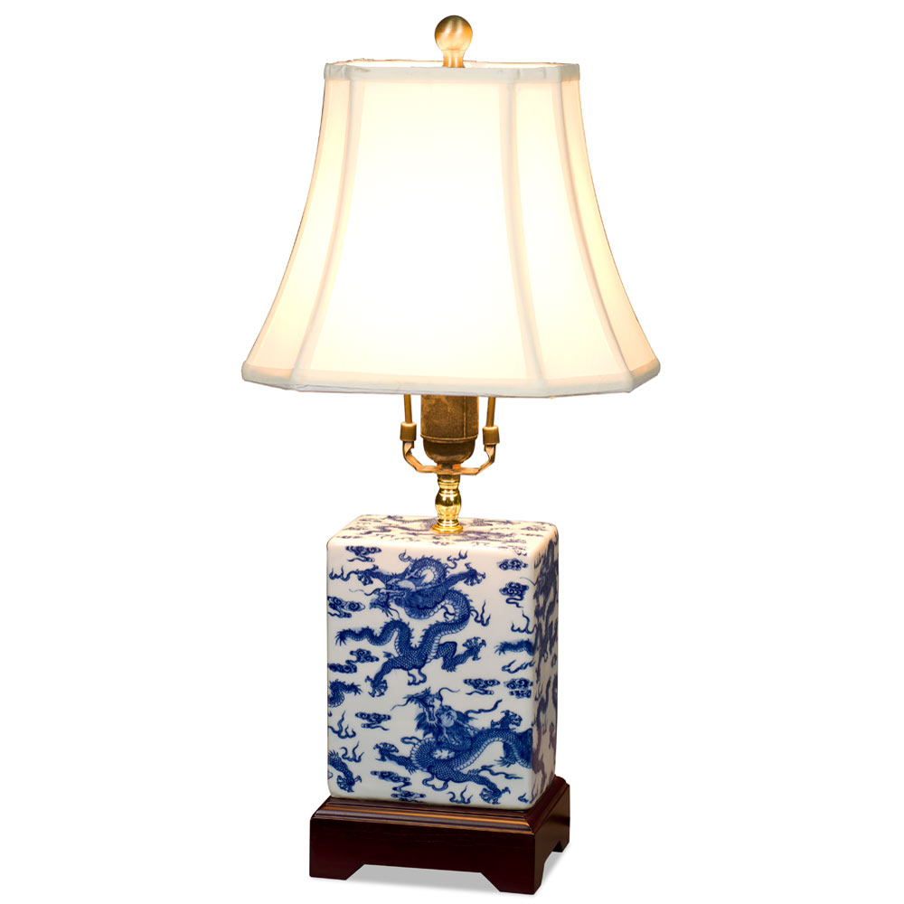 Blue and White Imperial Dragon Motif Asian Porcelain Lamp